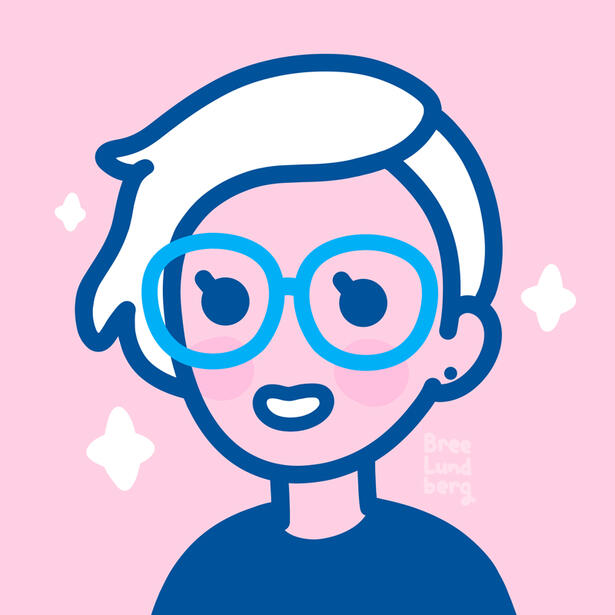 Cute illustrated icon of a smiling face with glasses and short hair on a pink background