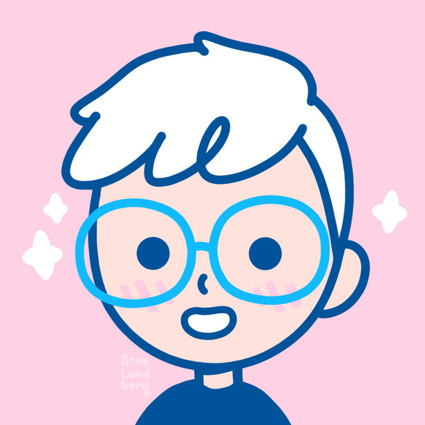 Cute illustrated icon of a smiling face with glasses and short hair on a pink background