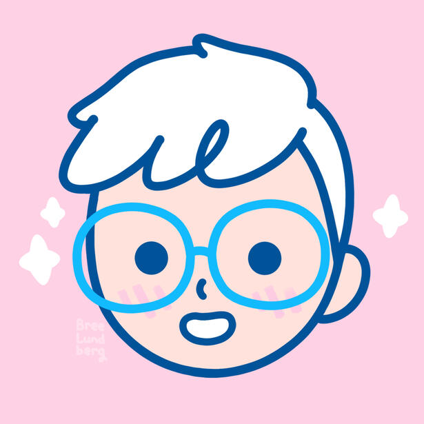 Cute illustrated icon of a smiling face with glasses and short hair on a pink background