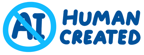 The letters "AI" in a circle with a line through it and the words "Human Created" next to it.
